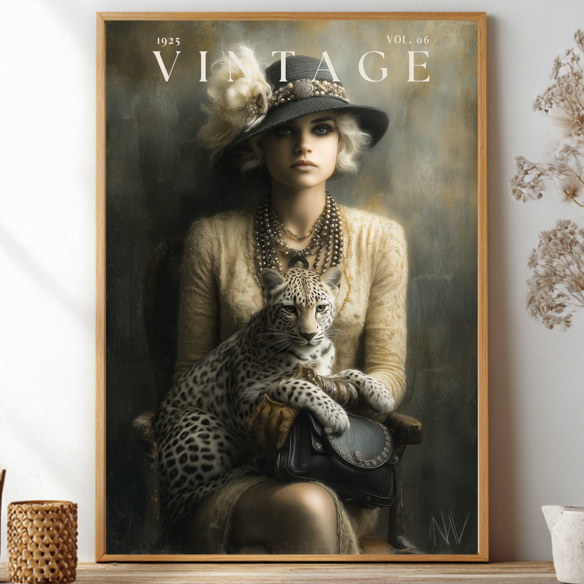 Vintage 1920s magazine cover unframed poster featuring a woman in a flapper hat holding a leopard in dark academia sepia tones