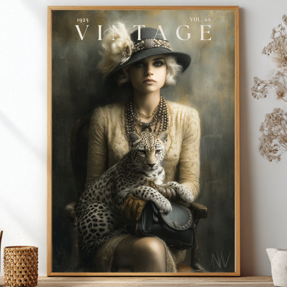 Vintage 1920s magazine cover unframed poster featuring a woman in a flapper hat holding a leopard in dark academia sepia tones