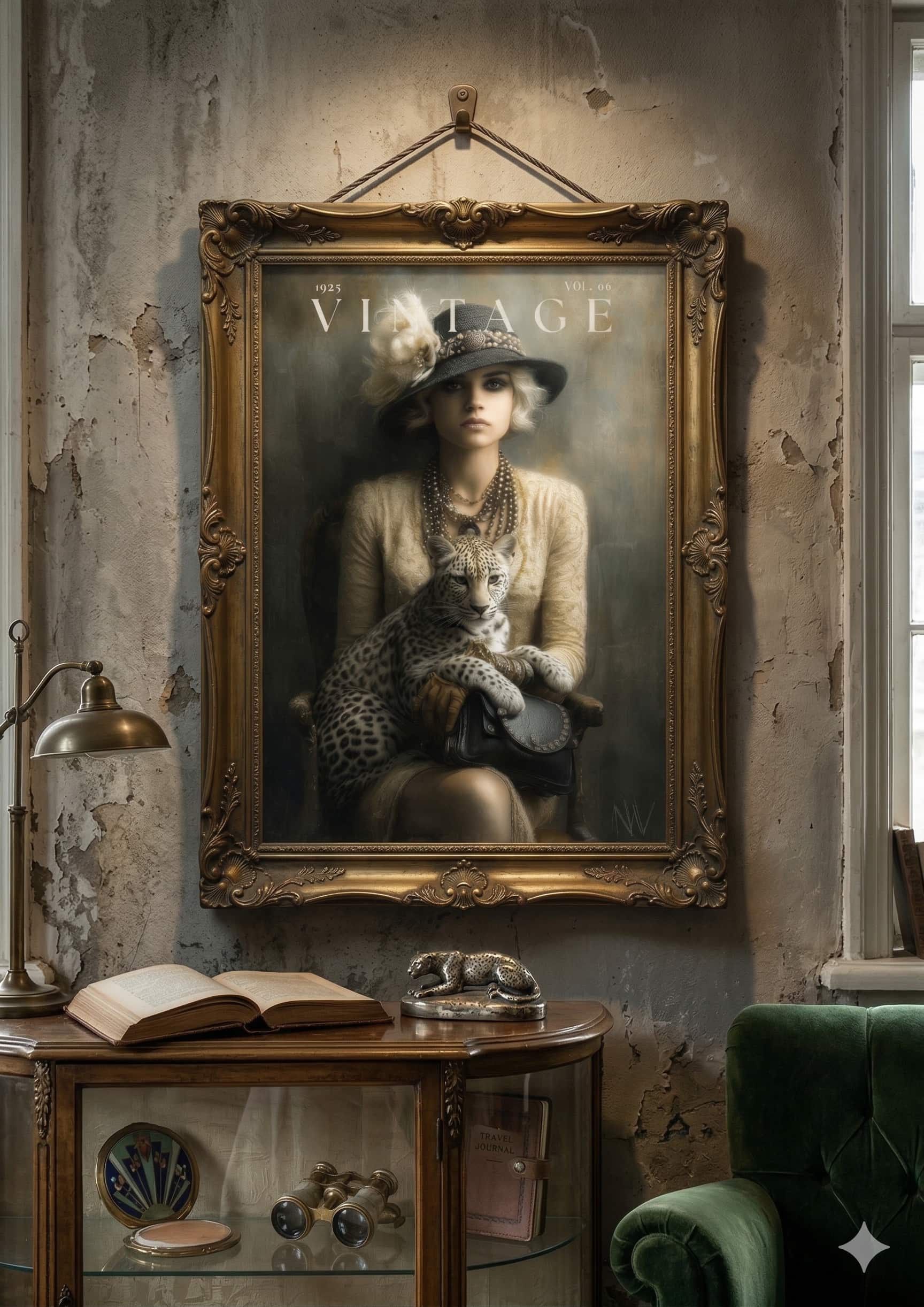 Vintage 1920s magazine cover unframed poster featuring a woman in a flapper hat holding a leopard in dark academia sepia tones