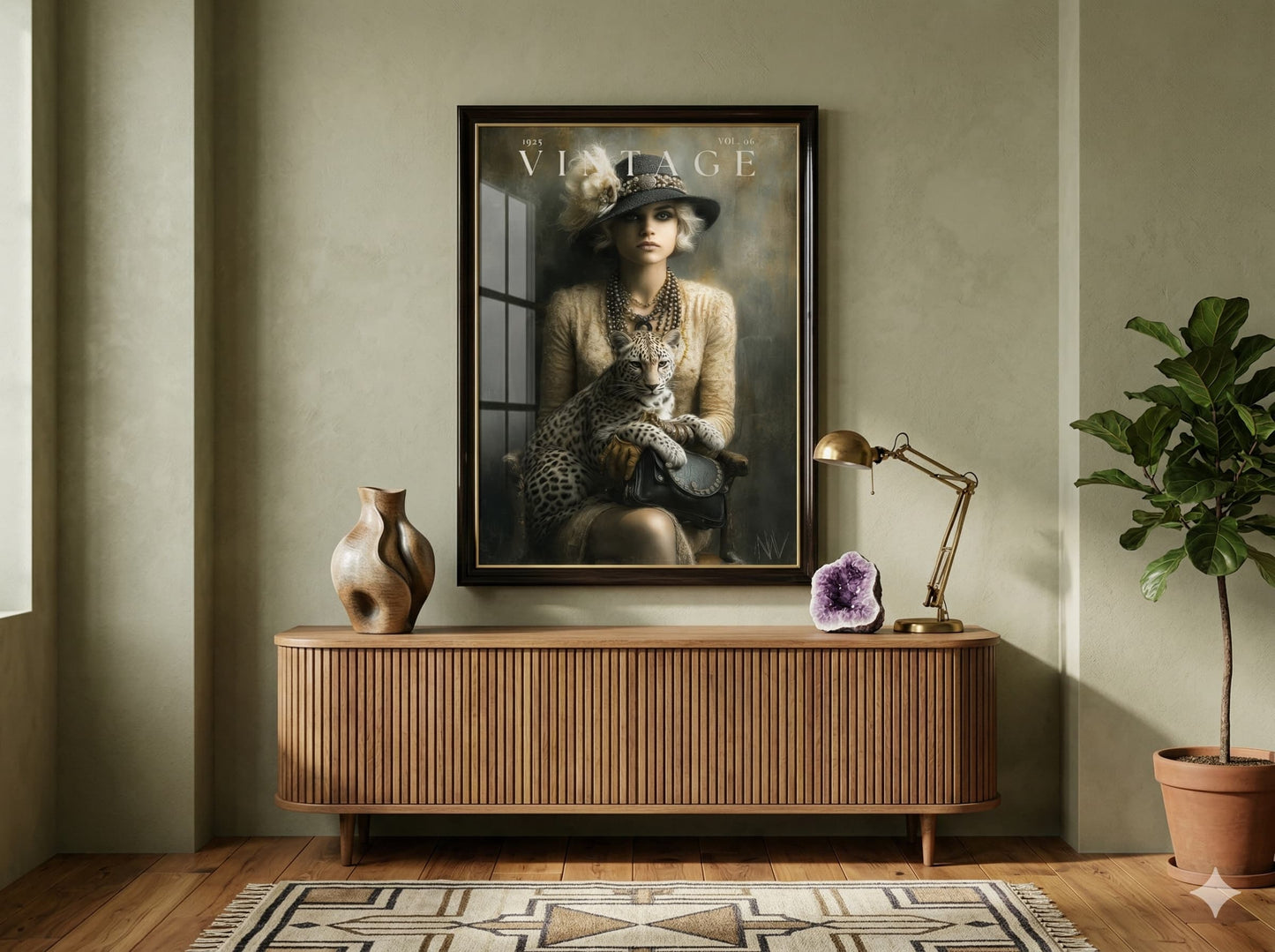 Vintage 1920s magazine cover unframed poster featuring a woman in a flapper hat holding a leopard in dark academia sepia tones