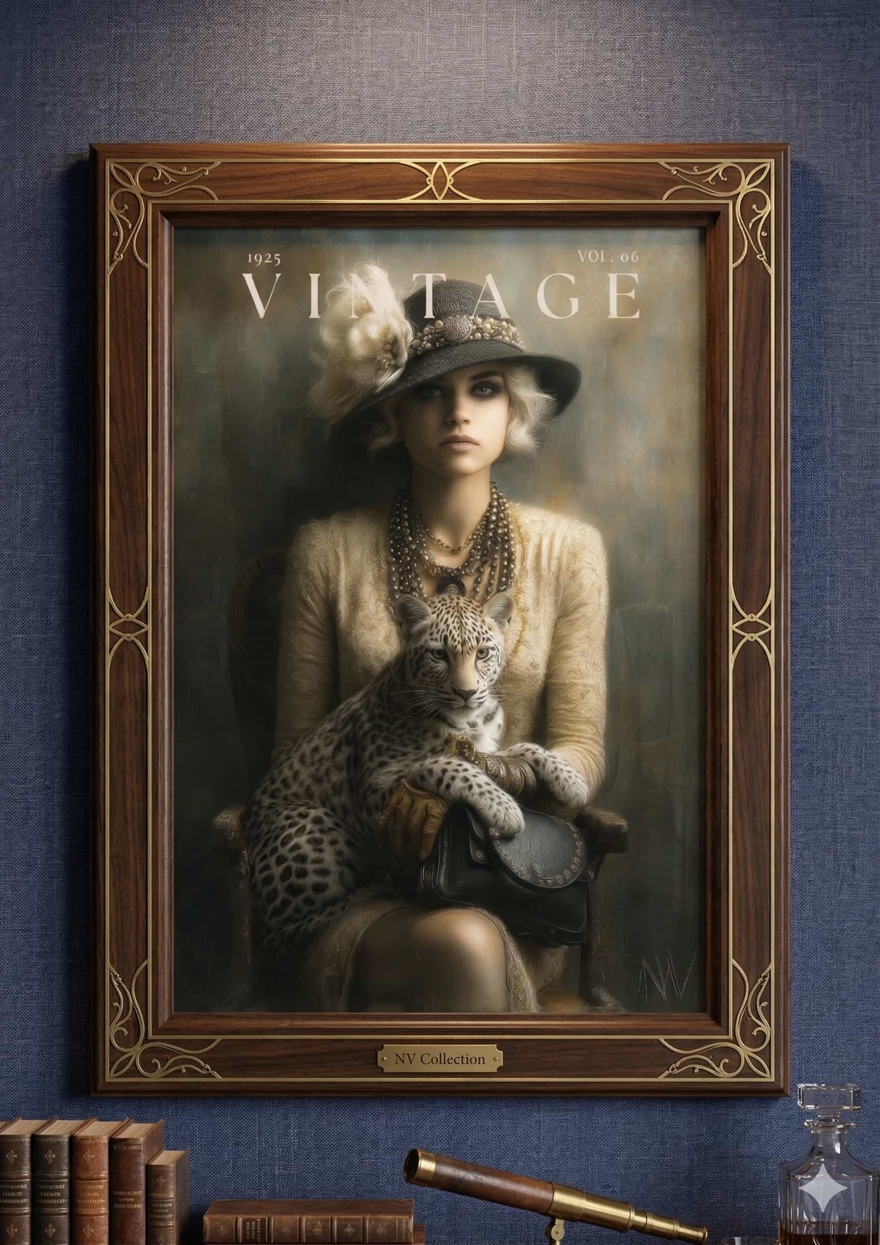 Vintage 1920s magazine cover unframed poster featuring a woman in a flapper hat holding a leopard in dark academia sepia tones