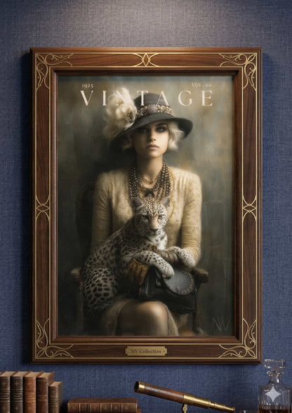Vintage 1920s magazine cover unframed poster featuring a woman in a flapper hat holding a leopard in dark academia sepia tones