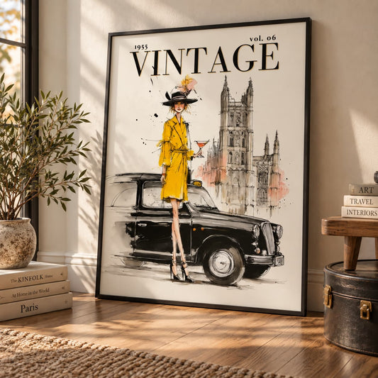 A framed vintage-style fashion poster leaning against a wall in a styled interior. The poster reads “VINTAGE vol.