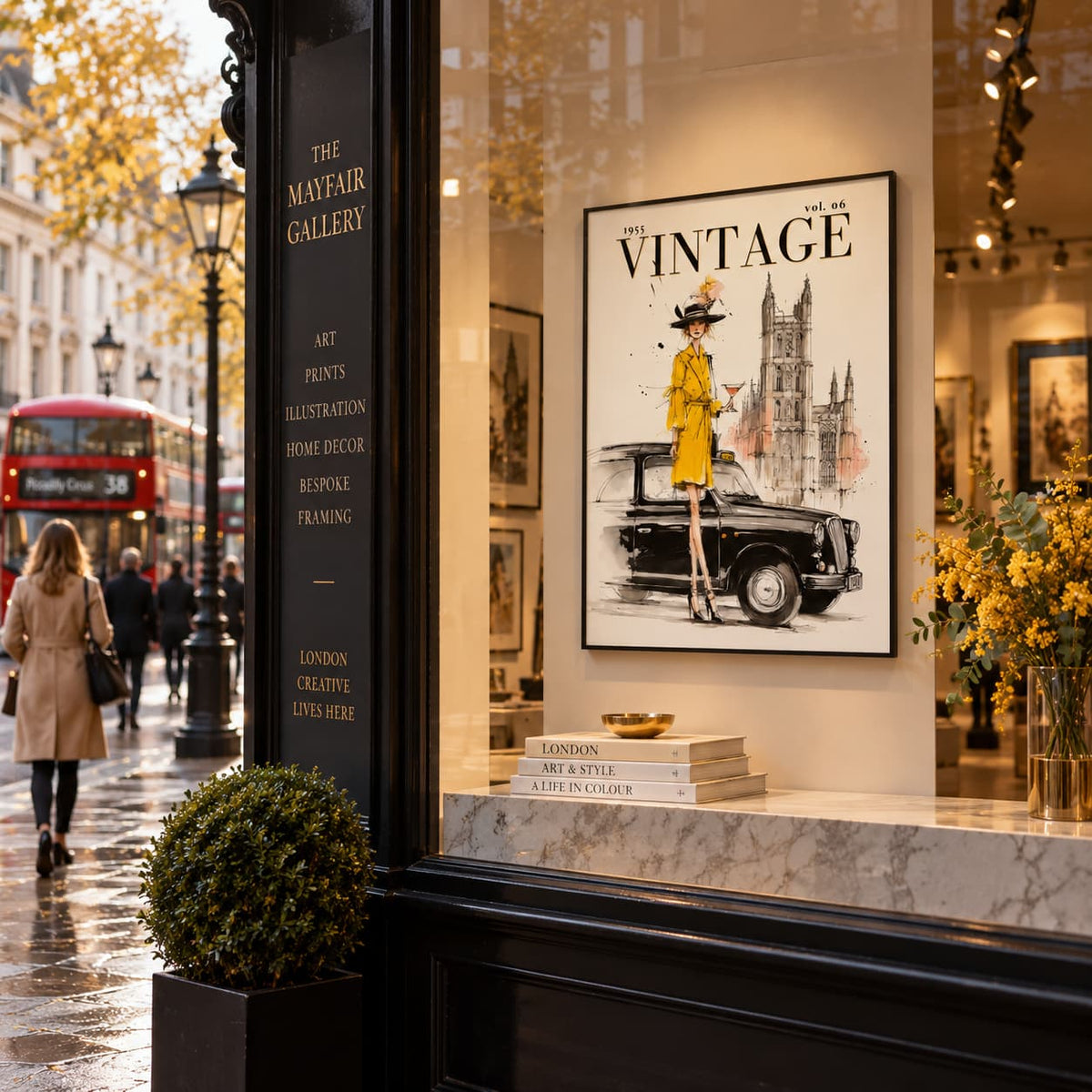 A framed vintage-style art print reading 'The Vintage' hangs in a gallery window. The print shows a woman in a yellow coat and hat standing beside a black car, with a black-and-white building sketch in the background.