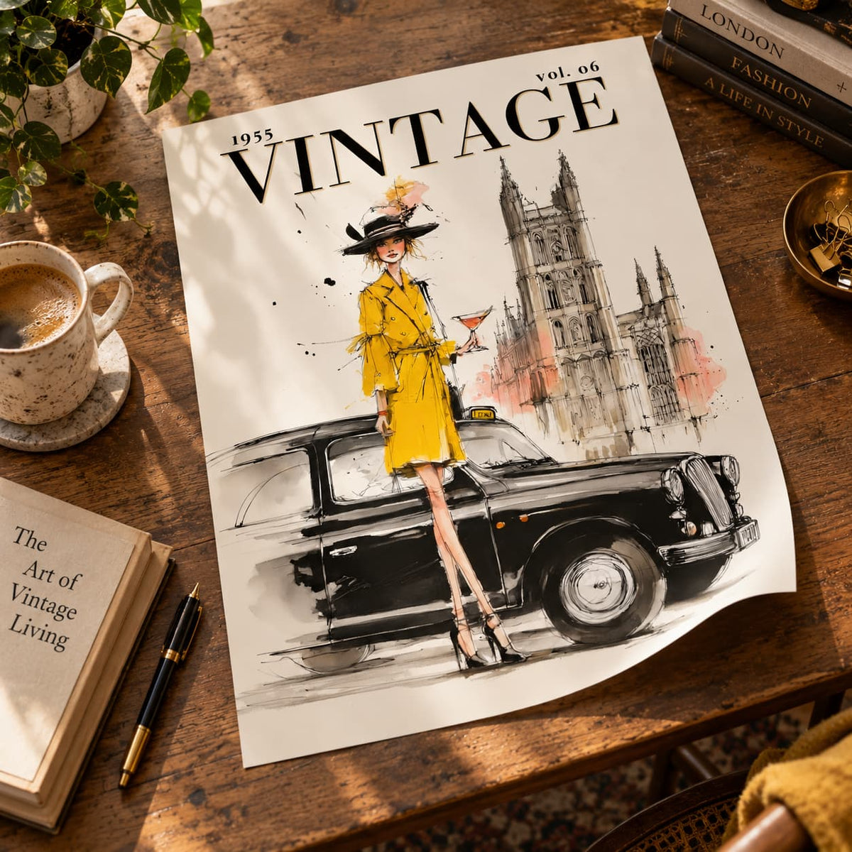 A vintage-style illustrated print or poster titled "VINTAGE" is displayed on a wooden table, featuring a woman in a yellow coat and hat standing beside a black car with a London tower in the background. The scene includes a coffee cup, books, a plant, and a pen in a styled tabletop setting.