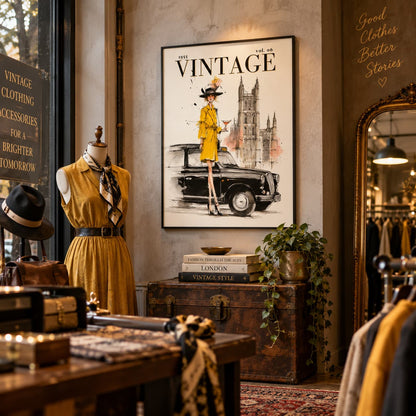 A framed vintage-style poster reading 'VINTAGE' hangs on a textured wall in a styled boutique interior. The poster shows a woman in a yellow coat standing beside a black car, with a tower illustration in the background.