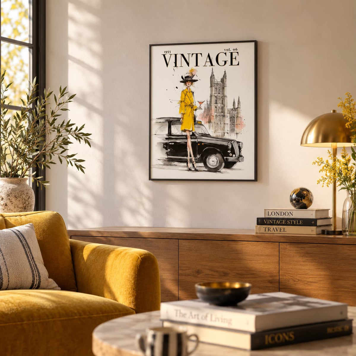 A framed vintage-style wall art print hangs above a wooden console in a sunlit living room. The print features a black-and-white illustration with a woman in a bright yellow coat and a black car, plus the word 'VINTAGE' at the top.