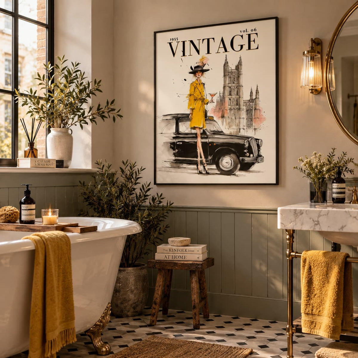 A framed vintage-style wall art print hangs in a styled bathroom. The print features a black-and-white illustration with a woman in a yellow coat and hat standing beside a car, with the word 'VINTAGE' at the top.