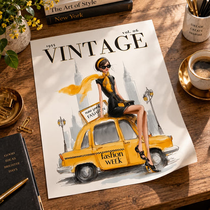 A vintage-style illustrated magazine cover titled VINTAGE lies on a wooden desk, showing a woman sitting on a yellow taxi with a yellow scarf and city skyline background. Surrounding props include books, a cup of coffee, paper clips, and a pen.