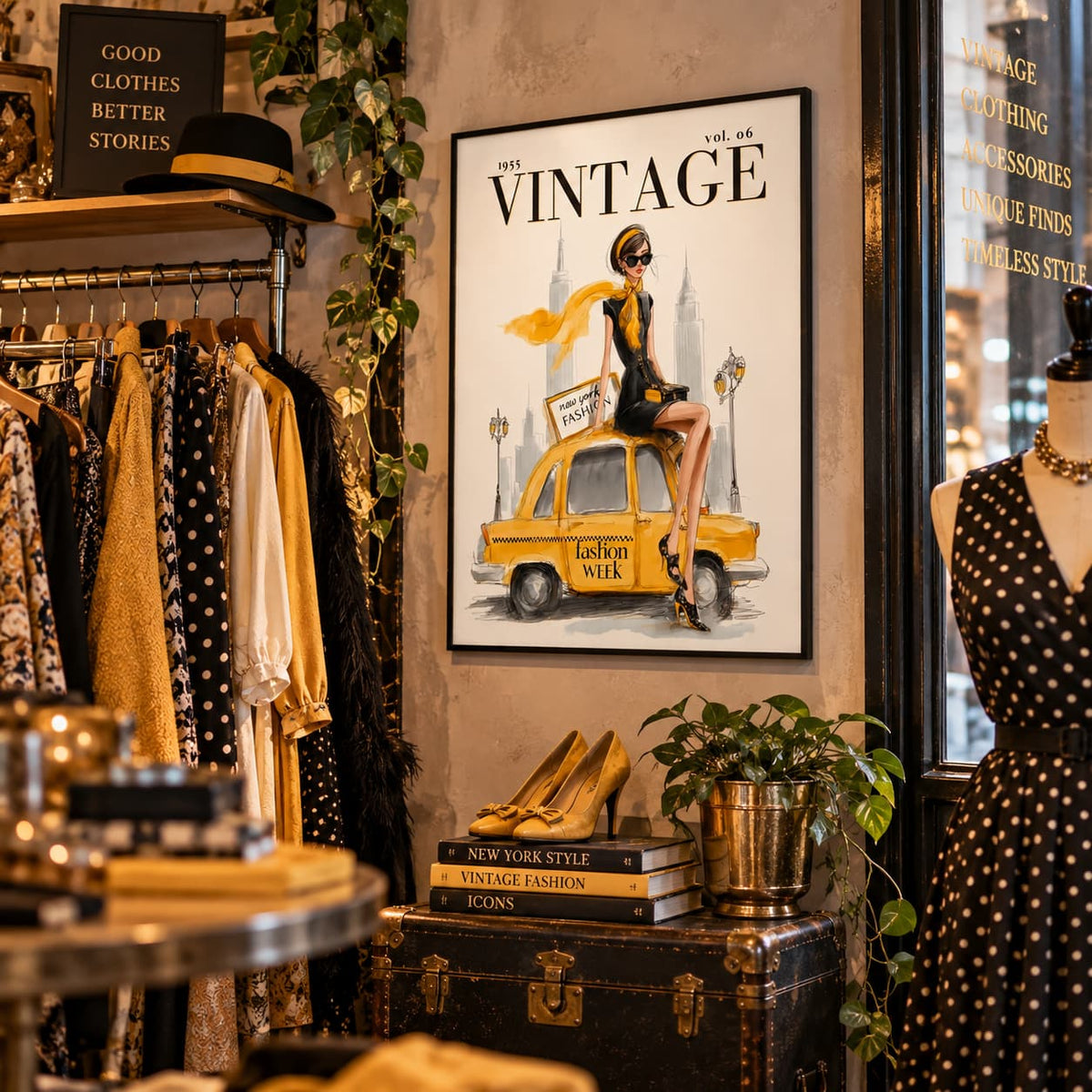 A framed vintage-style poster hanging on a wall in a boutique, featuring a woman sitting on a yellow cab with the word 'VINTAGE' at the top. The scene includes clothing racks, a mannequin, shoes, books, and plants, creating a styled retail interior.