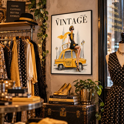 A framed vintage-style poster hanging on a wall in a boutique, featuring a woman sitting on a yellow cab with the word 'VINTAGE' at the top. The scene includes clothing racks, a mannequin, shoes, books, and plants, creating a styled retail interior.