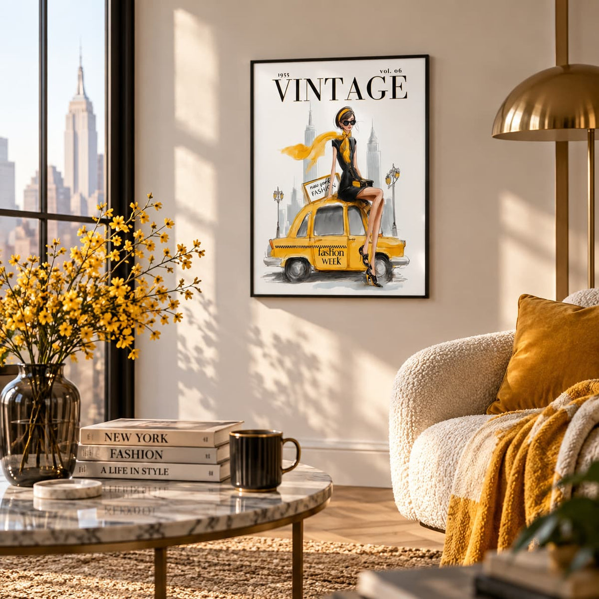 A framed vintage-style wall art print hangs on a beige wall in a styled living room. The artwork is a New York Magazine cover illustration featuring a woman in a yellow taxi with the title 'VINTAGE' at the top.