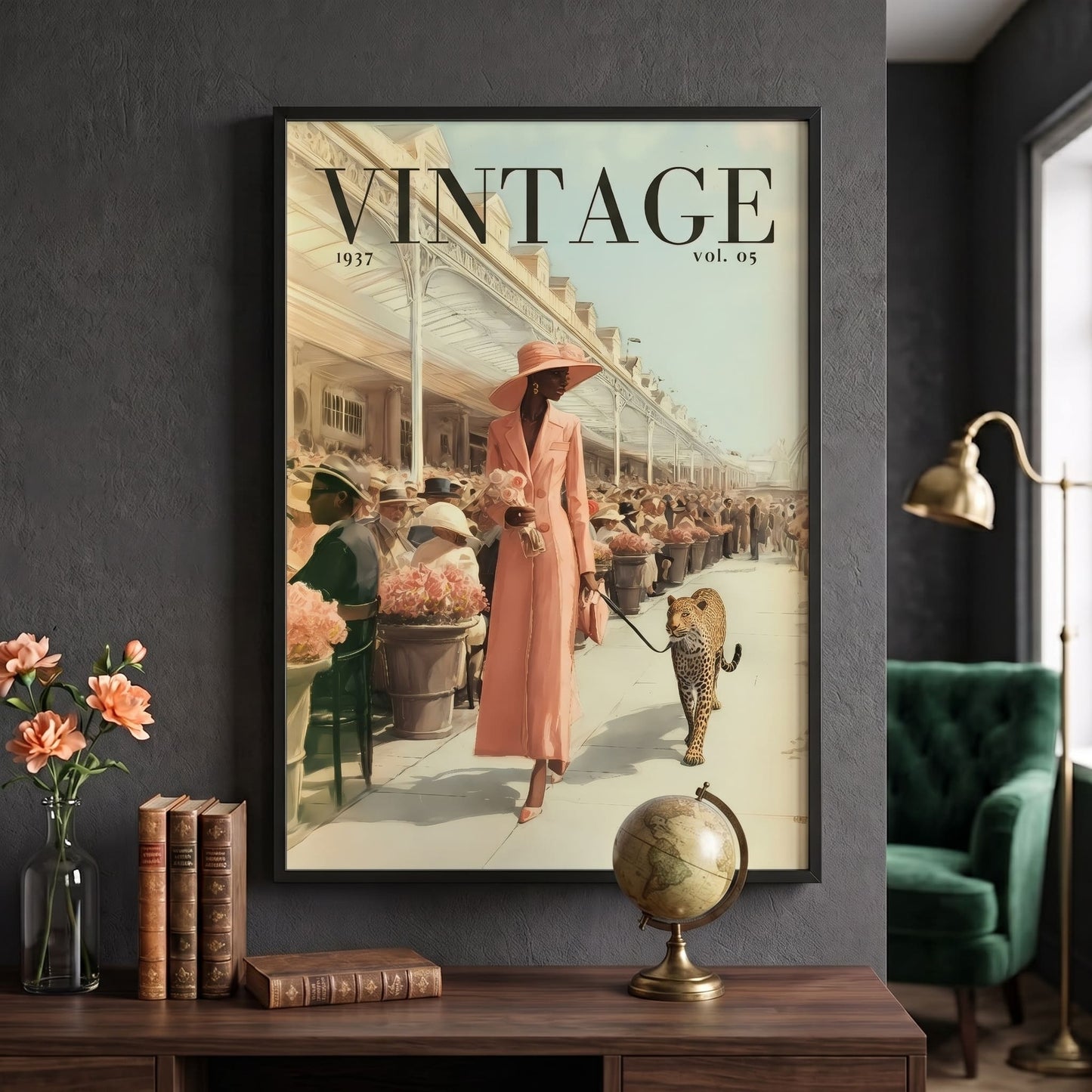 A framed vintage-style poster hanging on a dark gray wall above a wooden console table. The poster reads “VINTAGE 1937 vol.
