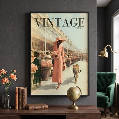 A framed vintage-style poster hanging on a dark gray wall above a wooden console table. The poster reads “VINTAGE 1937 vol.
