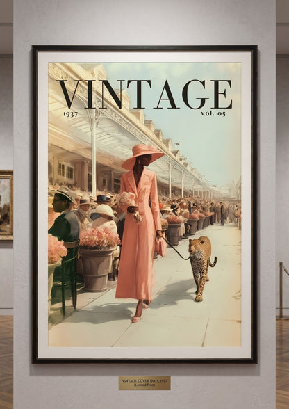 A framed vintage-style art print featuring a woman in a peach dress and hat walking a leopard on a street, with large 'VINTAGE 1937 vol. 05' text at the top.