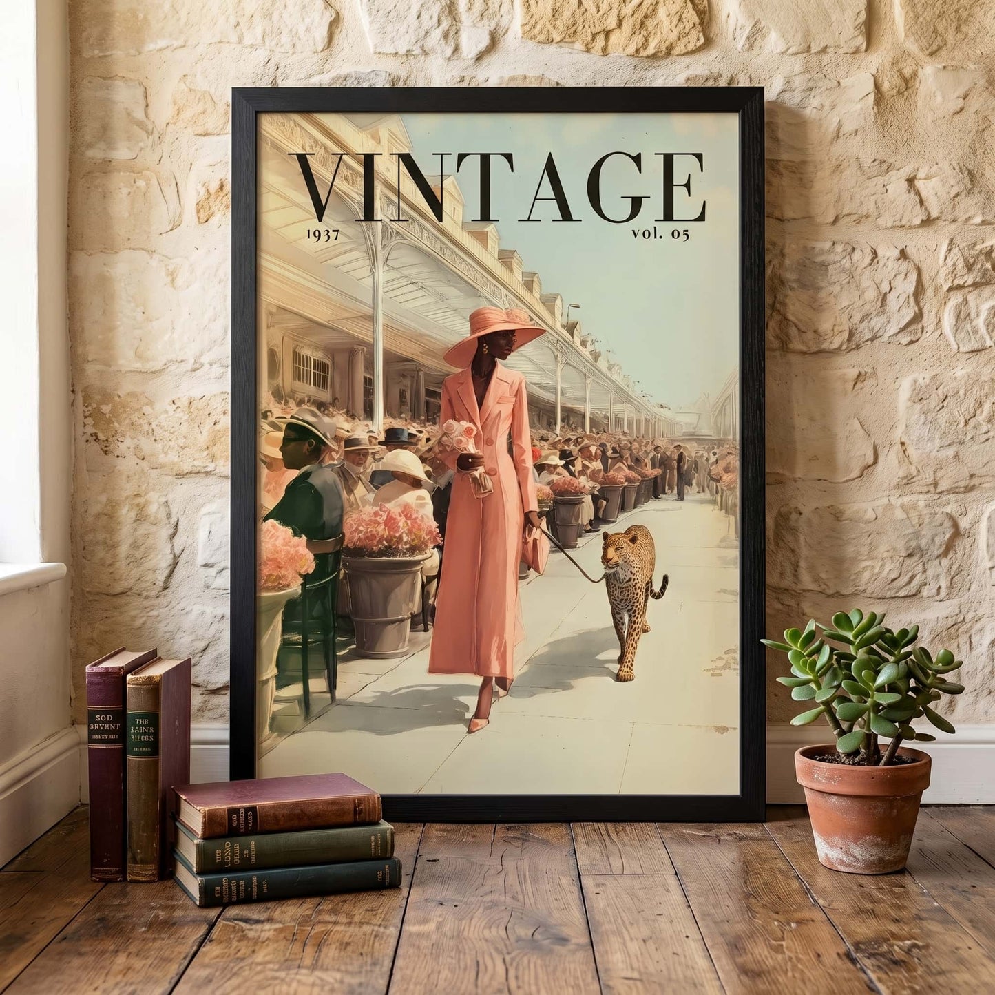 A framed vintage-style poster leaning against a stone wall on a wooden floor, with books and a potted succulent nearby. The poster shows a woman in a peach dress walking a leopard along a covered walkway, with the word VINTAGE prominently printed at the top.