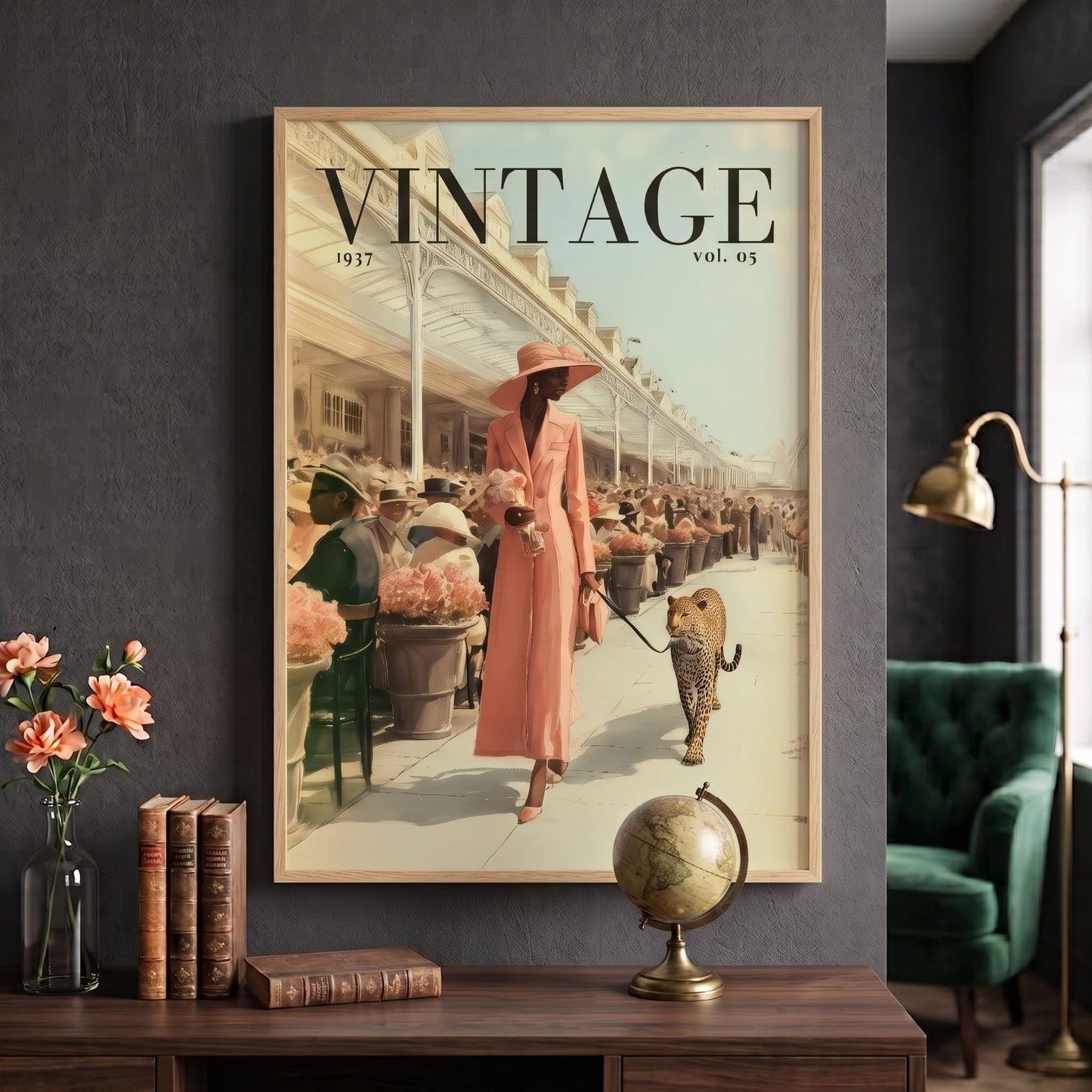 A framed vintage-style wall poster reading “VINTAGE 1937 vol. 05” hangs on a dark gray wall above a wooden console table.