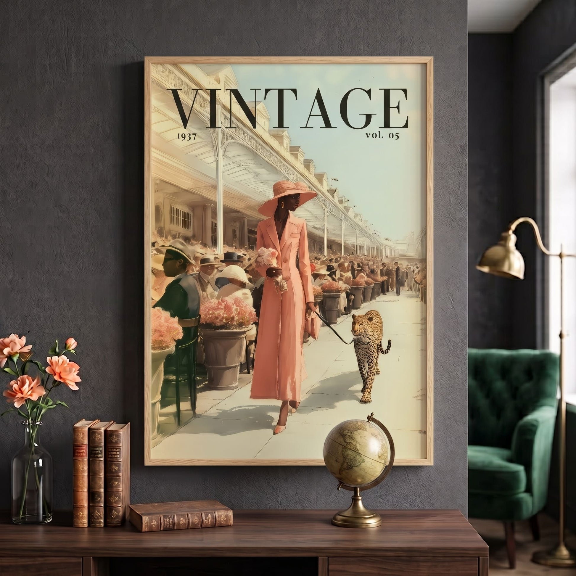 A framed vintage-style wall poster reading “VINTAGE 1937 vol. 05” hangs on a dark gray wall above a wooden console table.