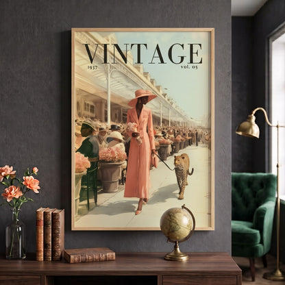 A framed vintage-style wall poster reading “VINTAGE 1937 vol. 05” hangs on a dark gray wall above a wooden console table.