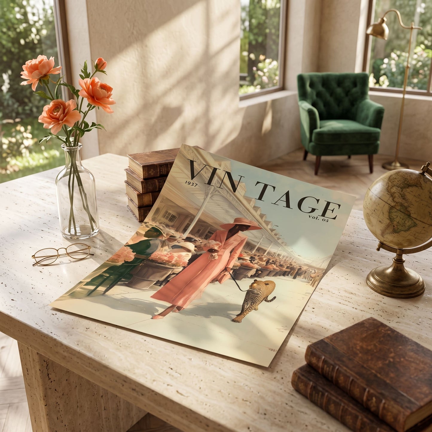 A vintage-style magazine titled "VINTAGE" lies open on a light stone table in a sunlit room. The cover shows an illustrated woman in a pink dress and a fish.