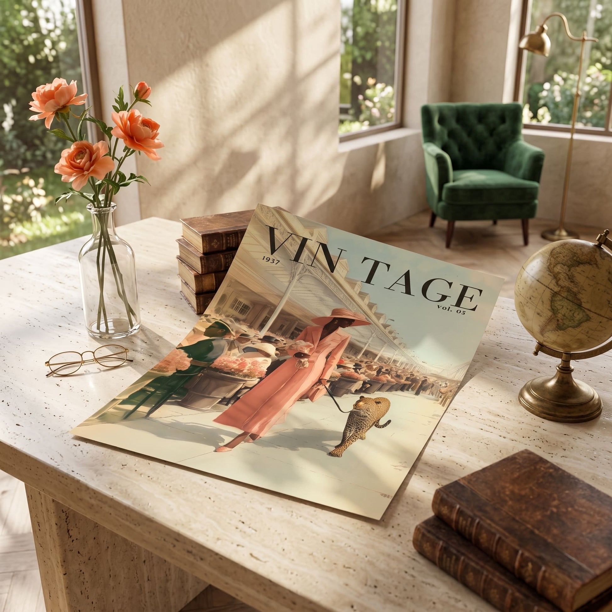 A vintage-style magazine titled "VINTAGE" lies open on a light stone table in a sunlit room. The cover shows an illustrated woman in a pink dress and a fish.