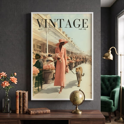 A framed vintage-style wall poster reading “VINTAGE 1937 vol. 05” hangs on a dark gray wall above a wooden console table.