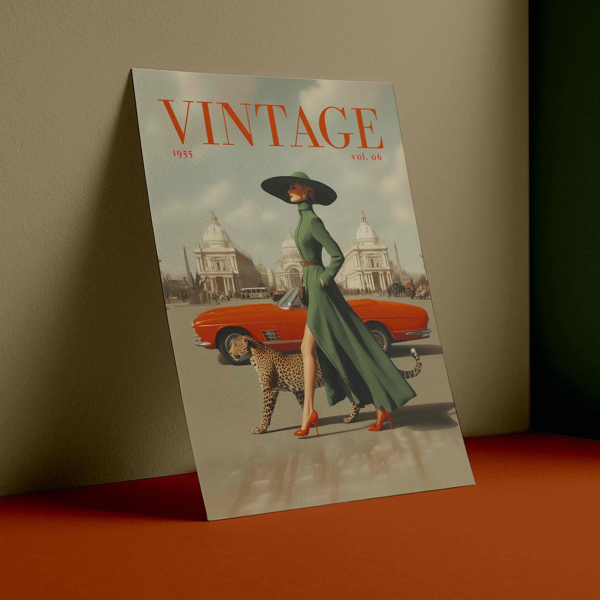 A vintage-style illustrated poster or print leaning against a wall on a terracotta surface. The artwork shows a woman in a long green dress and wide-brim hat walking beside a leopard, with a red car and domed buildings in the background.