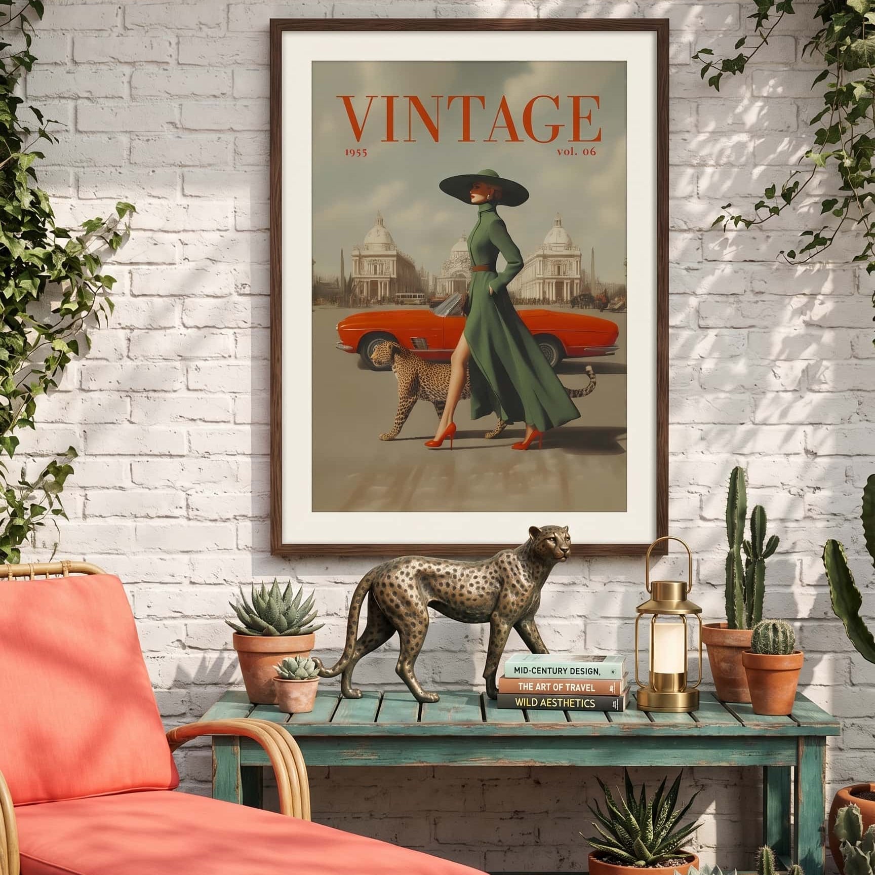 A framed vintage-style poster hangs on a white brick wall above a teal console table in a styled patio setting. The poster features the word 'VINTAGE' at the top and an illustration of a woman walking with a red car and dog.