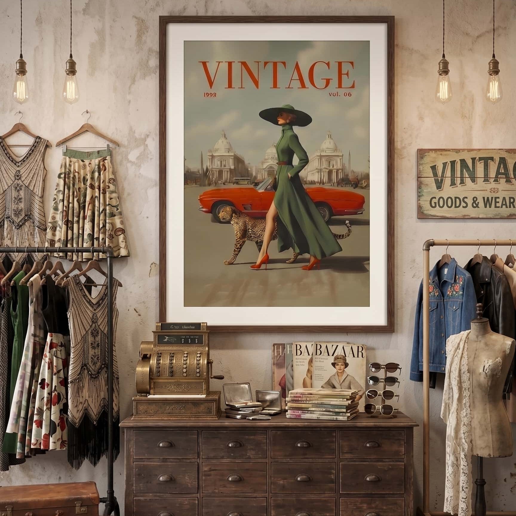 A framed vintage-style art print featuring the word 'VINTAGE' and an illustration of a woman with a red car, displayed on a wall in a styled boutique interior with clothing racks, a wooden dresser, and hanging bulbs.