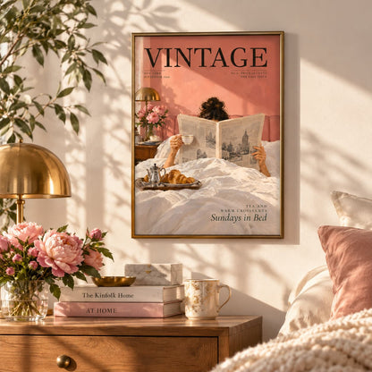A framed vintage-style wall poster reading “VINTAGE” hangs on a bedroom wall above a wooden nightstand. The poster shows a woman reading in bed with a pink background and soft illustration details.