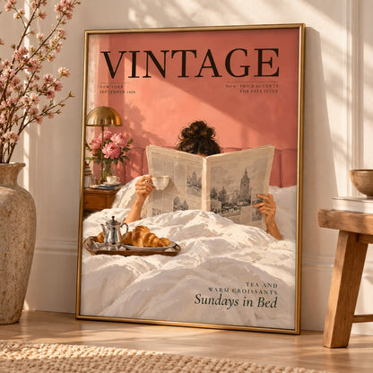A framed vintage-style poster leaning against a wall in a sunlit room. The poster shows a woman reading a newspaper in bed under white covers, with a pink background and the word 'VINTAGE' across the top.