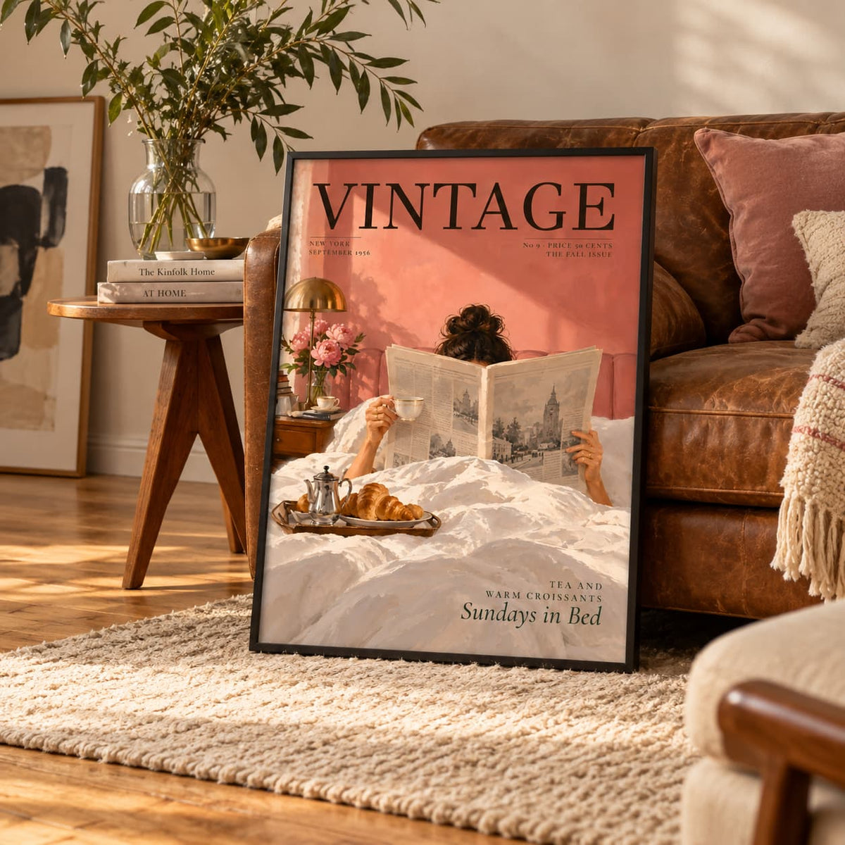 A framed vintage-style wall art print leaning against a brown leather sofa in a warm living room. The artwork shows a person reading a newspaper in bed with the word VINTAGE prominently displayed at the top.