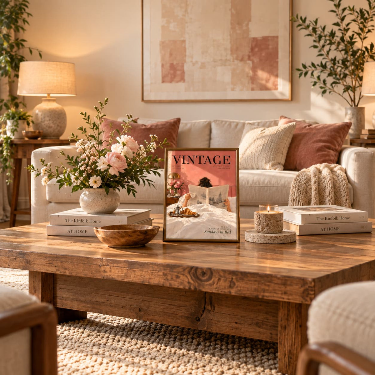 A styled living room scene with a rustic wooden coffee table holding a framed book titled “VINTAGE,” surrounded by books, a flower arrangement, candles, and a light sofa in the background.