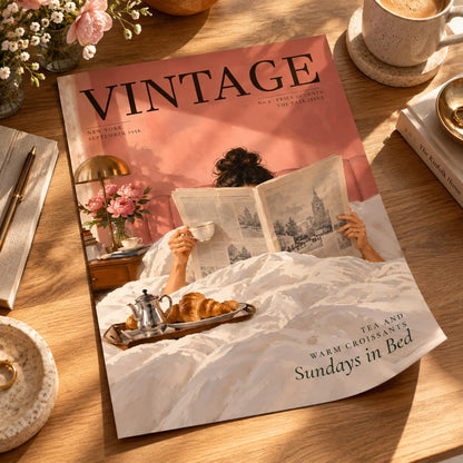 A vintage-style magazine titled VINTAGE lies open on a wooden table, surrounded by cozy props including a cup of coffee, flowers, a lamp, and a tray with croissants. The cover art shows a person reading in bed with a warm pink sky and white bedding.