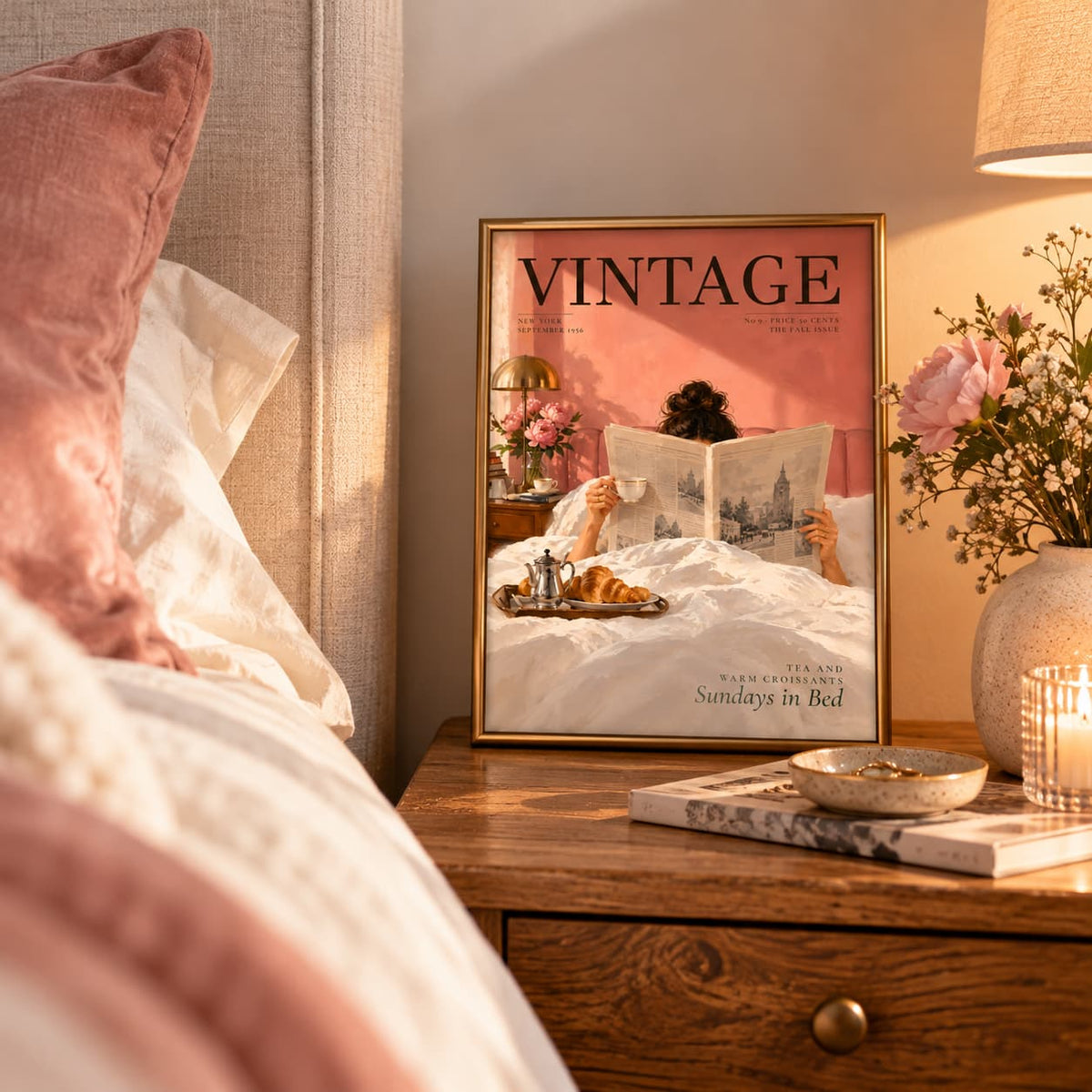 A framed vintage-style bedroom magazine cover with the title VINTAGE stands on a wooden bedside table in a softly lit bedroom. The cover shows a pink bedroom scene with white bedding, a candle, and the text 'WEEKENDS Sunday in Bed.