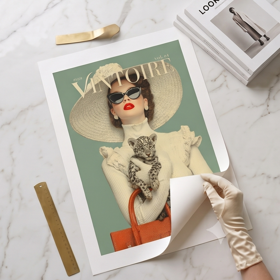  a framed vintage-style poster with the text 'VINTAGE' and an illustration of a woman in a wide hat, an unframed print.