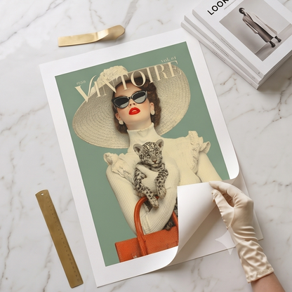  a framed vintage-style poster with the text 'VINTAGE' and an illustration of a woman in a wide hat, an unframed print.