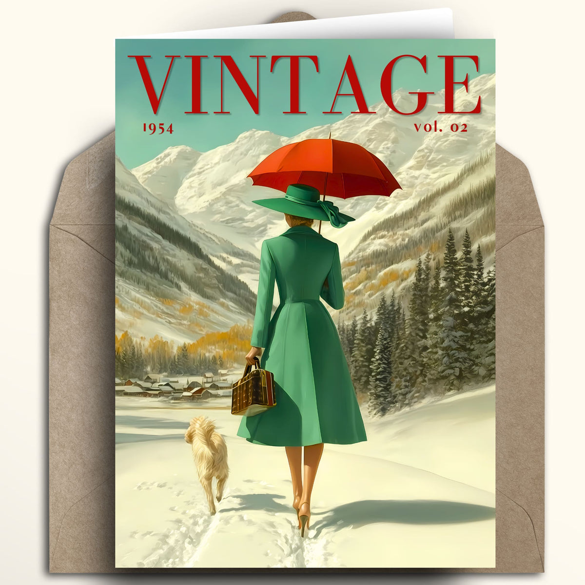 A vintage-style illustrated card or magazine cover featuring the word VINTAGE at the top, with a woman in a green coat and hat walking in a snowy mountain landscape under a red umbrella, shown in front of a brown envelope on a light neutral background.