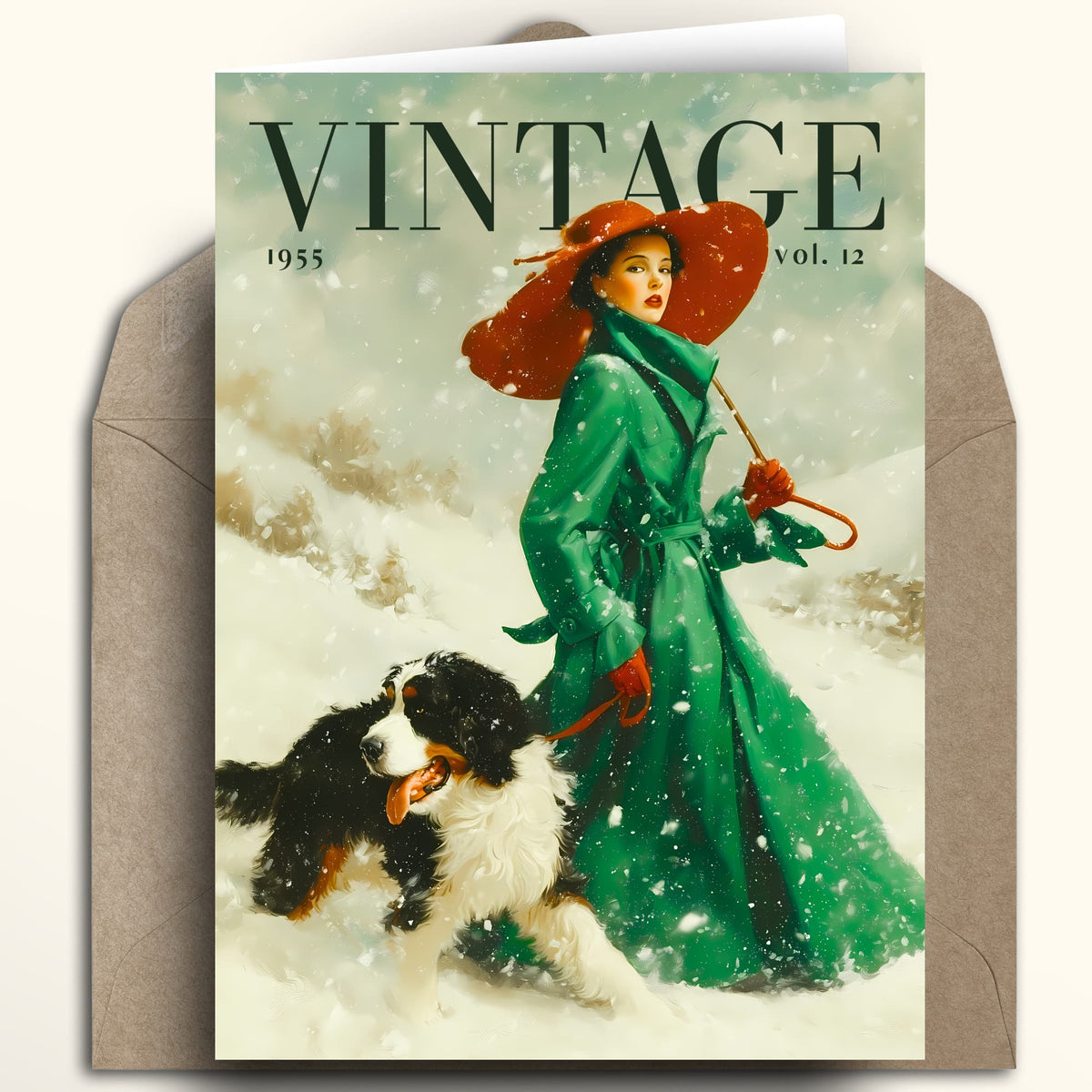 A vintage-style greeting card featuring an illustrated winter scene with a woman in a green coat and red hat walking a dog in the snow, shown with a brown envelope behind it. The card reads “VINTAGE 1955 vol.