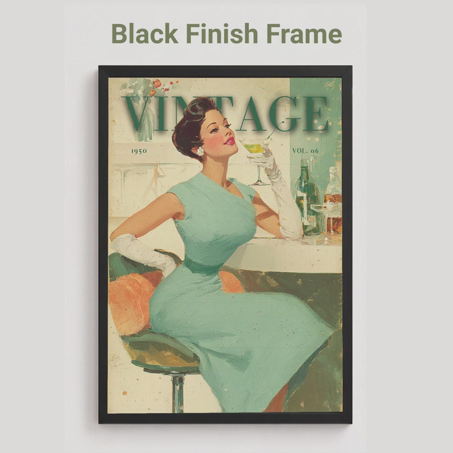 A framed vintage-style art print featuring a woman in a light blue dress seated at a table, with the word 'VINTAGE' across the top. The print is shown in a black frame against a light gray background, with the text 'Black Finish Frame' above it.