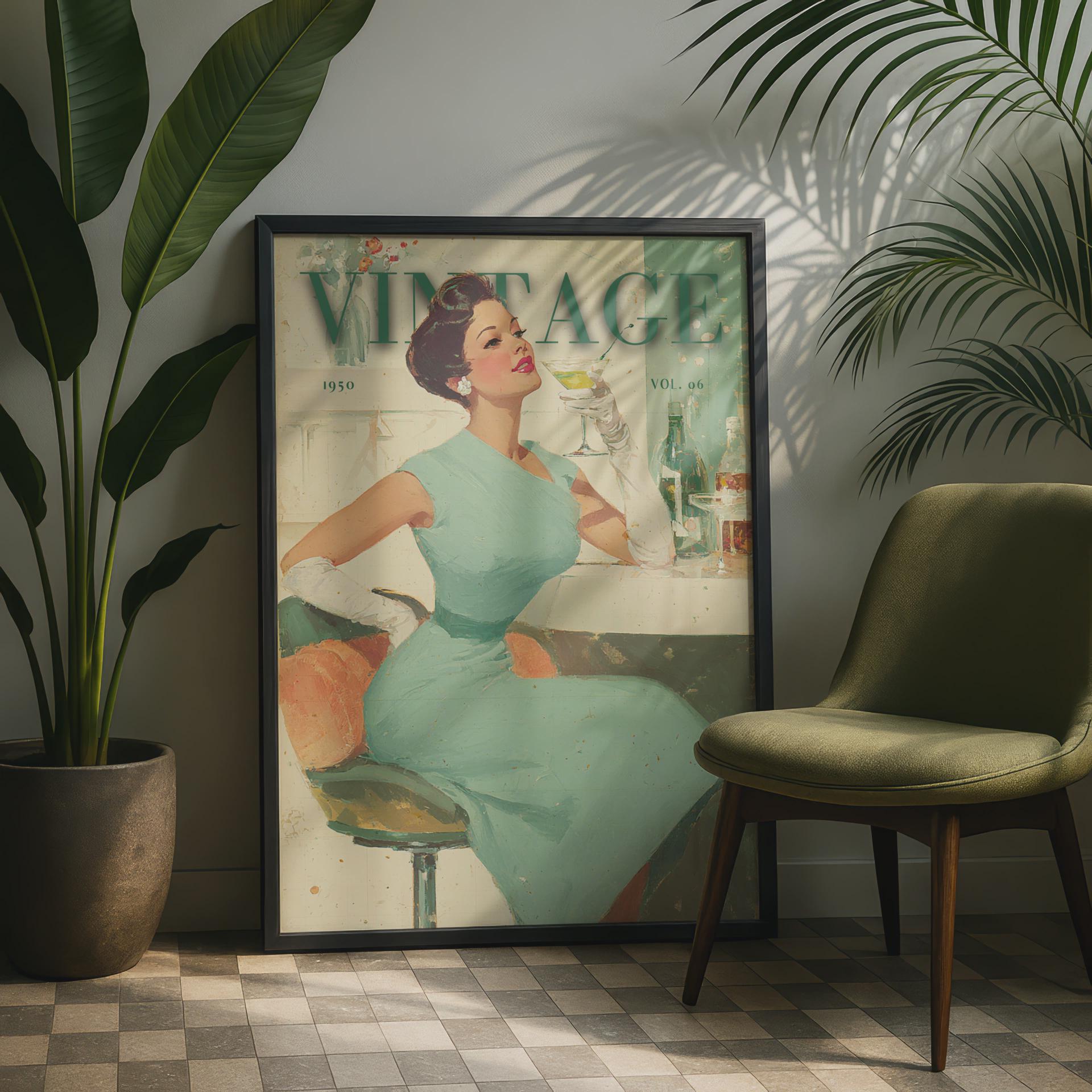 A framed vintage-style poster leaning against a wall in a styled interior, showing a woman in a light blue dress with the word “VINTAGE” across the top. A potted plant, olive-green chair, and leafy palm shadows are visible around it.