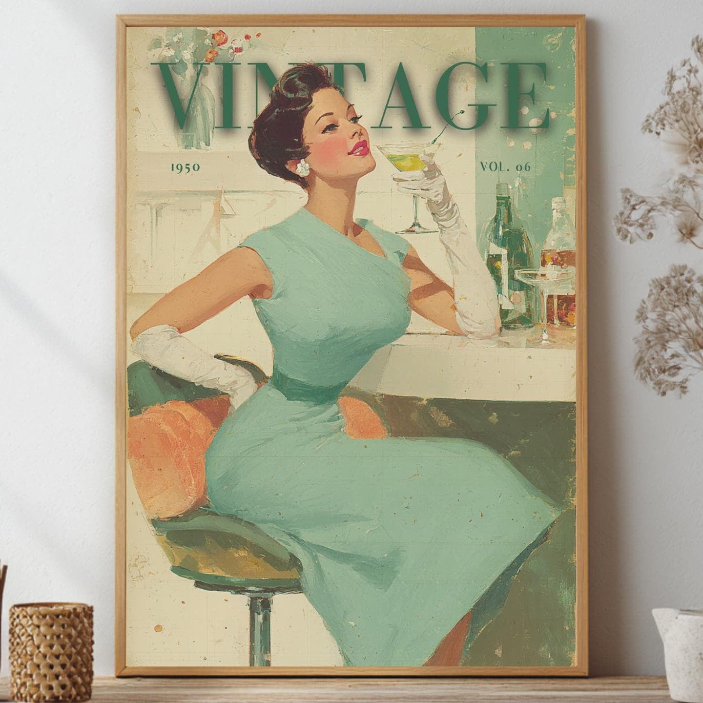 1950s vintage cocktail bar lady illustration in mid-century modern retro style, sage green and cream wall art print