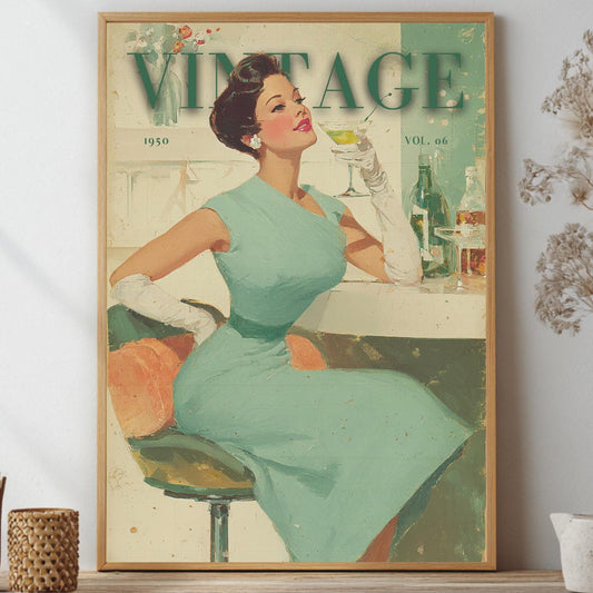 1950s vintage cocktail bar lady illustration in mid-century modern retro style, sage green and cream wall art print