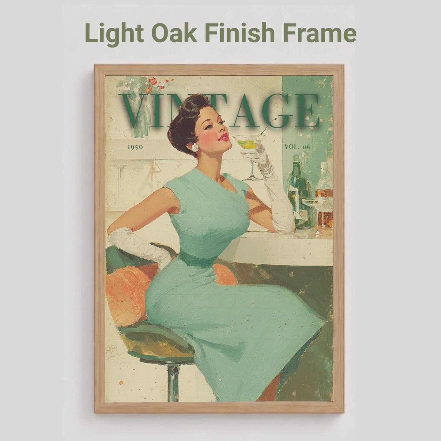 A framed vintage-style poster print with a woman in a light blue dress seated at a counter, shown against a light gray background. The text above reads 'Light Oak Finish Frame.