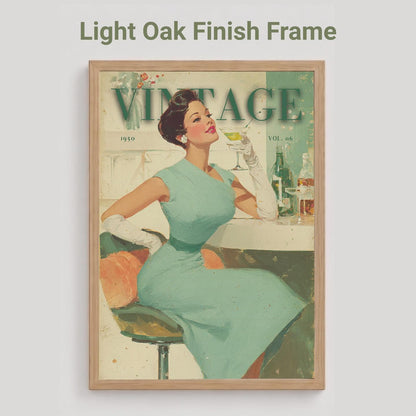A framed vintage-style poster print with a woman in a light blue dress seated at a counter, shown against a light gray background. The text above reads 'Light Oak Finish Frame.