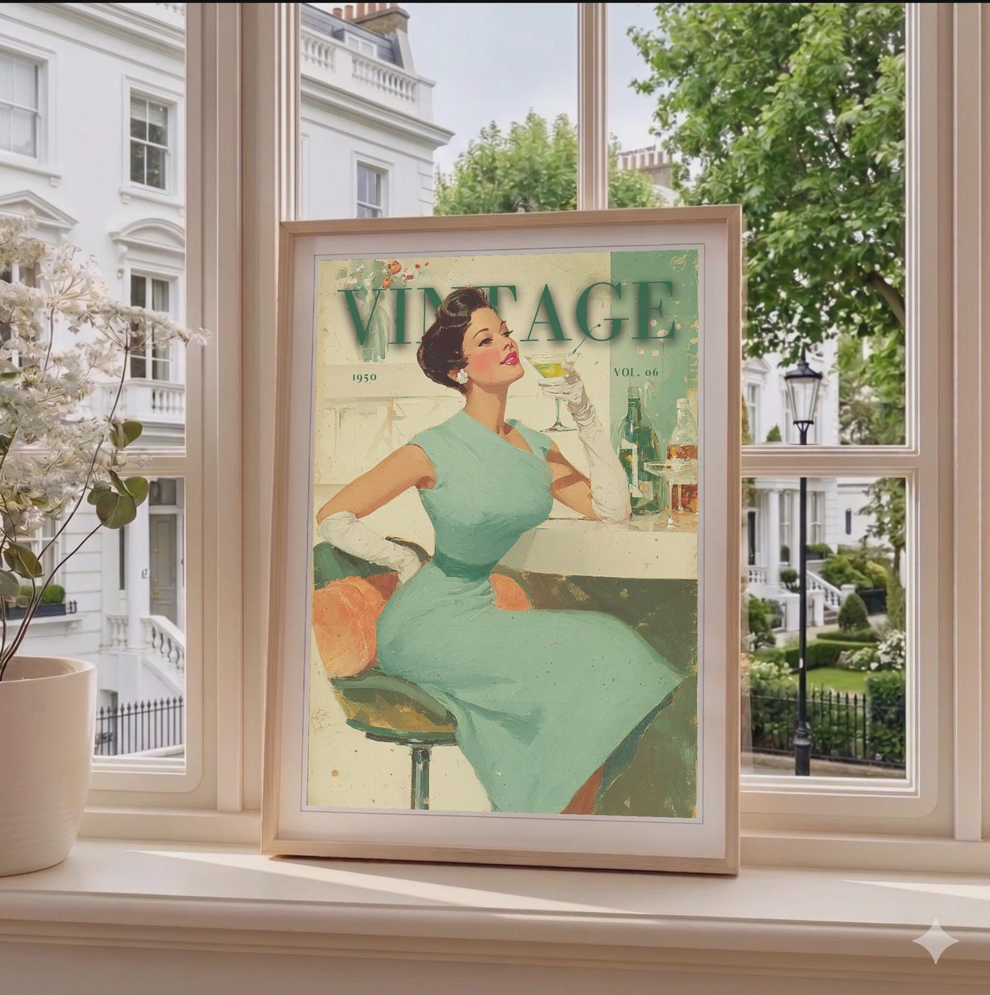 A framed vintage-style magazine cover print leaning on a windowsill in a bright room. The artwork shows a woman in a mint green dress with large green 'VINTAGE' lettering at the top. 1950s vintage cocktail bar lady illustration in mid-century modern retro style, sage green and cream wall art print