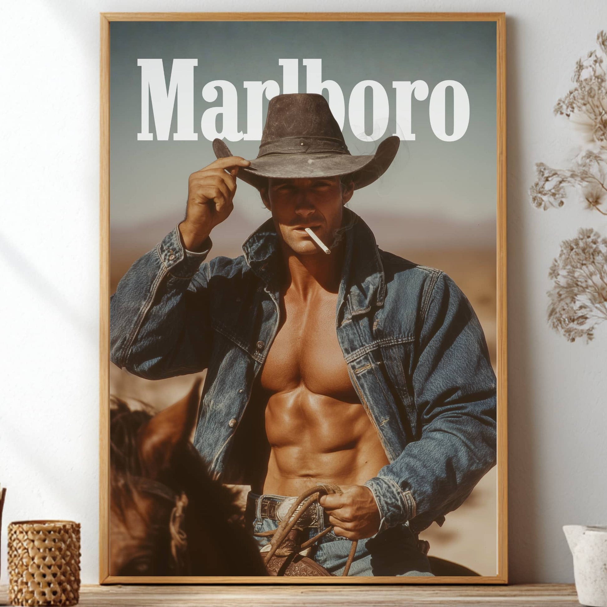 Vintage marlboro man smoking a cigarette riding a horse with open shirt exposing muscular body. White Marlboro logo at top.