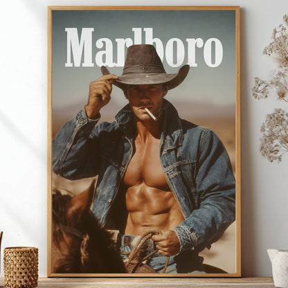 Vintage marlboro man smoking a cigarette riding a horse with open shirt exposing muscular body. White Marlboro logo at top.