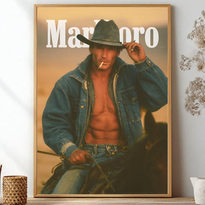 Vintage marlboro man smoking a cigarette riding a horse with open shirt exposing muscular body. White Marlboro logo at top.