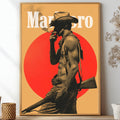 Vintage musclular marlboro stud man smoking a cigarette holding a gun, shirtless, muscle chest and arms. White Marlboro logo.